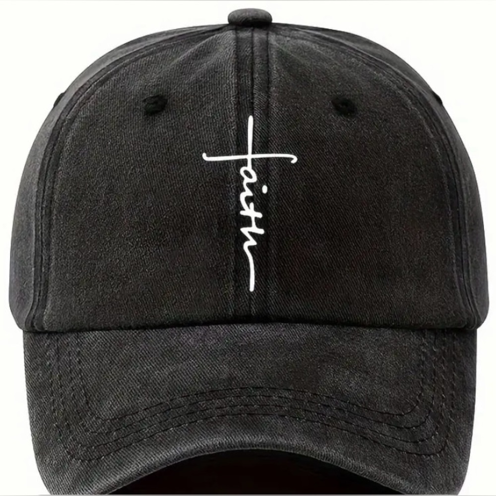 Unisex Black Distressed Faith Embroidered Vintage Adjustable Baseball Cap NEW